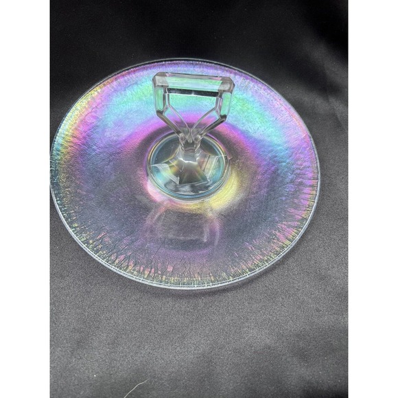 Vintage Clear Iridescent Depression Glass Center Handled Tid Bit Tray - Picture 3 of 14